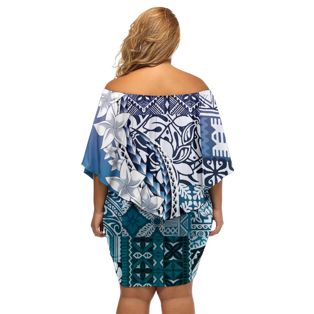 Aloha Vintage Plumeria Hawaiian Tapa Pattern Family Matching Off Shoulder Short Dress and Hawaiian Shirt Blue Hawaiian Tapa Pattern - Polynesian Pride