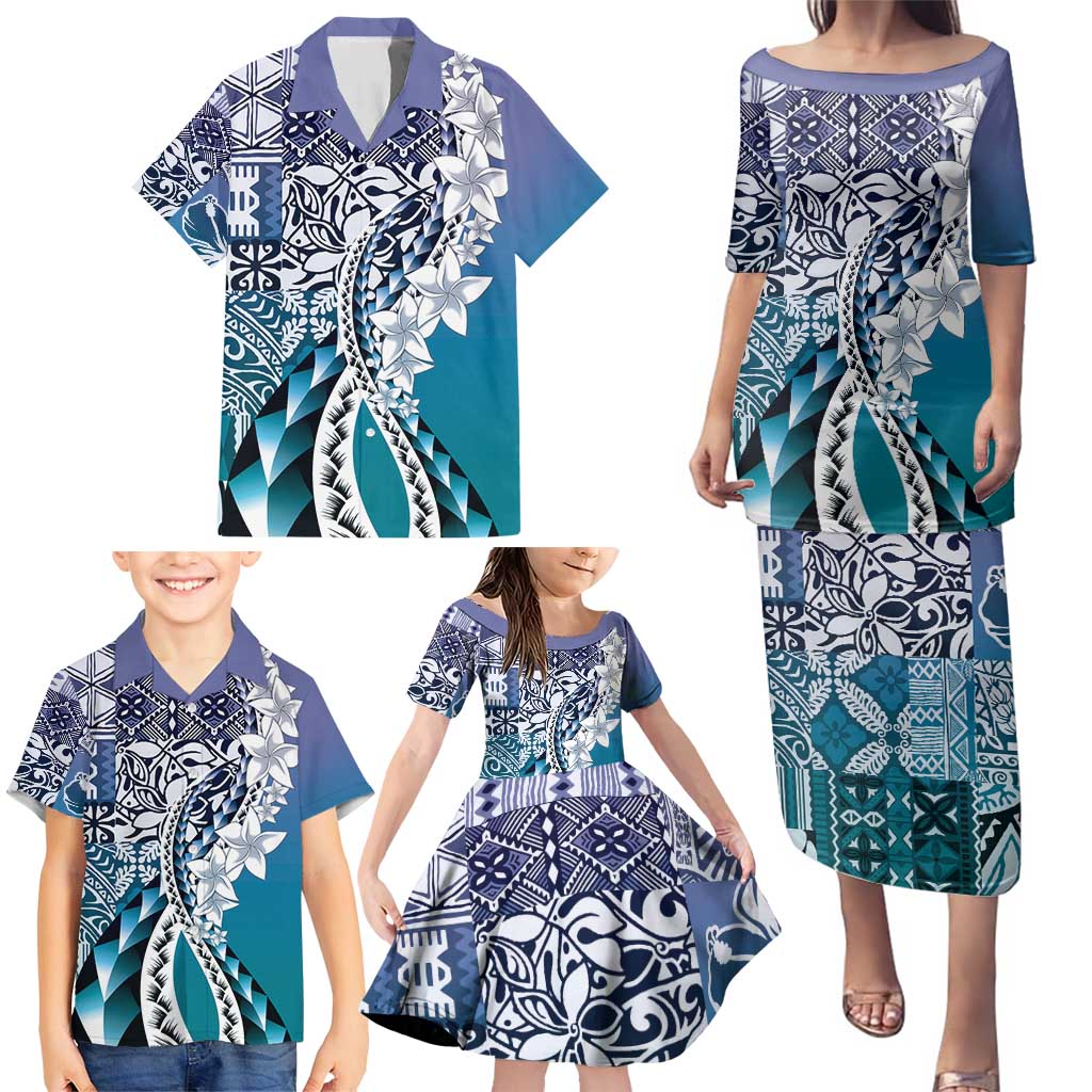 Aloha Vintage Plumeria Hawaiian Tapa Pattern Family Matching Puletasi and Hawaiian Shirt Blue Hawaiian Tapa Pattern - Polynesian Pride
