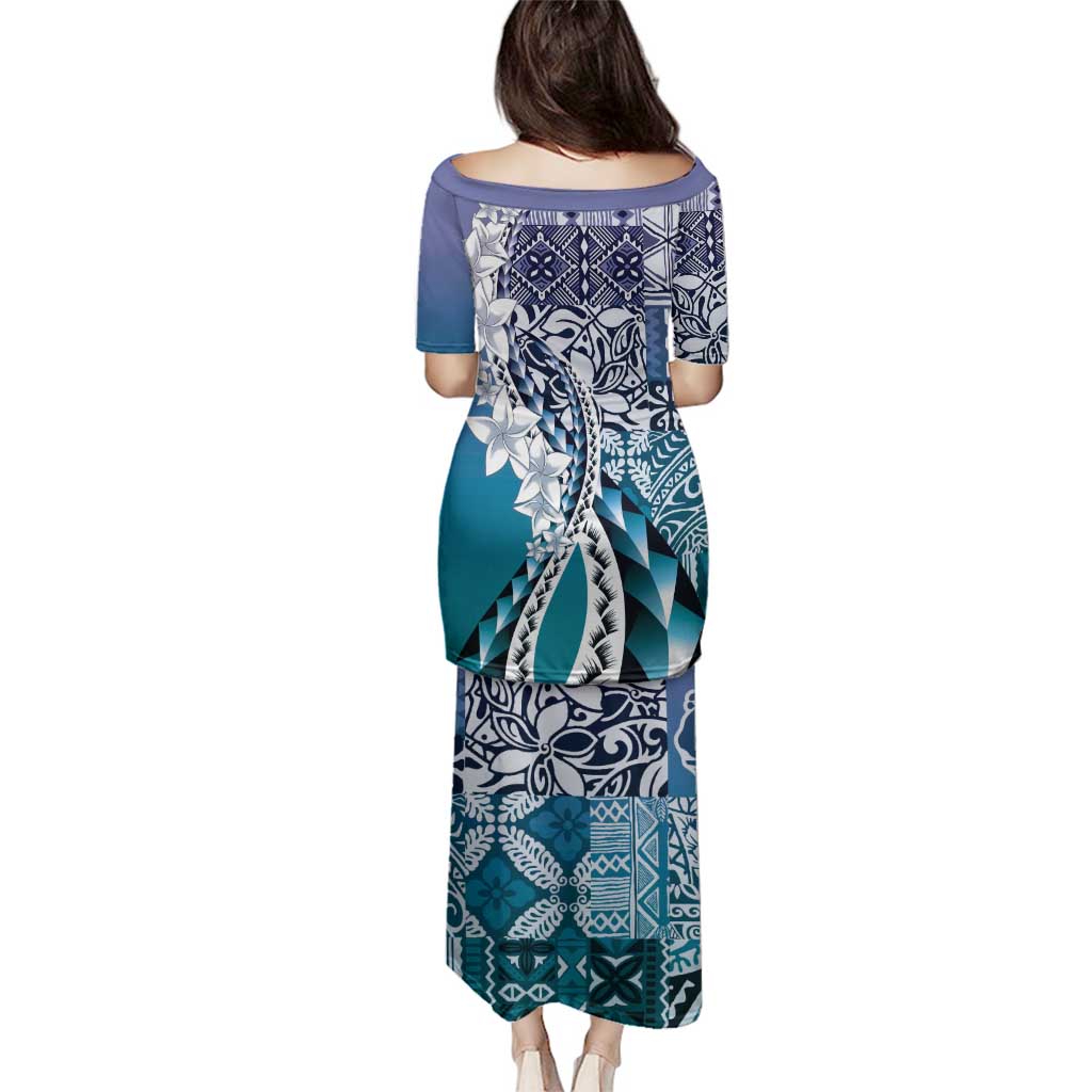 Aloha Vintage Plumeria Hawaiian Tapa Pattern Family Matching Puletasi and Hawaiian Shirt Blue Hawaiian Tapa Pattern - Polynesian Pride