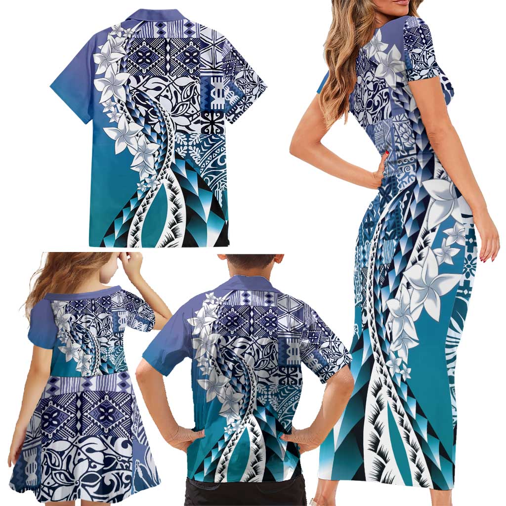 Aloha Vintage Plumeria Hawaiian Tapa Pattern Family Matching Short Sleeve Bodycon Dress and Hawaiian Shirt Blue Hawaiian Tapa Pattern - Polynesian Pride