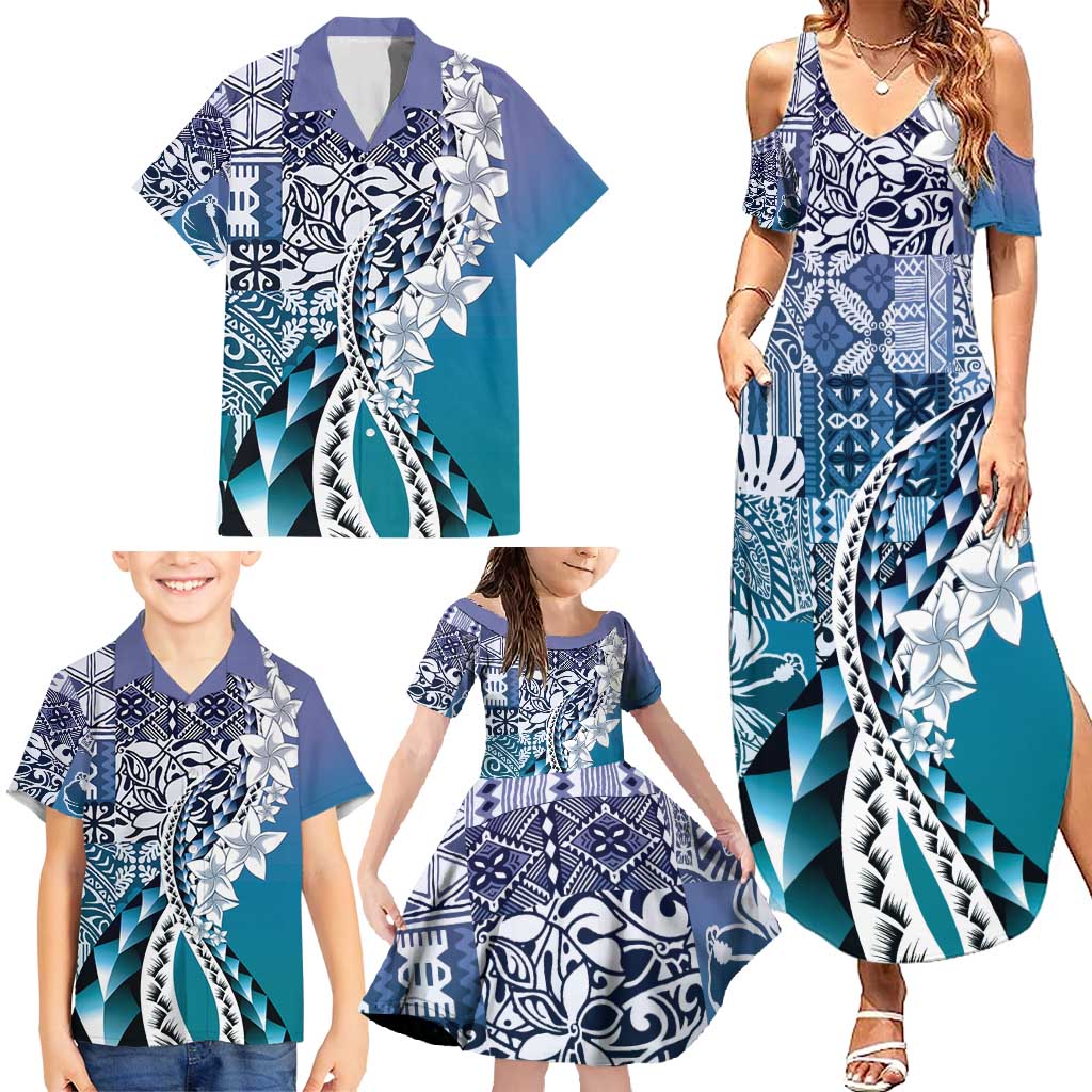 Aloha Vintage Plumeria Hawaiian Tapa Pattern Family Matching Summer Maxi Dress and Hawaiian Shirt Blue Hawaiian Tapa Pattern - Polynesian Pride