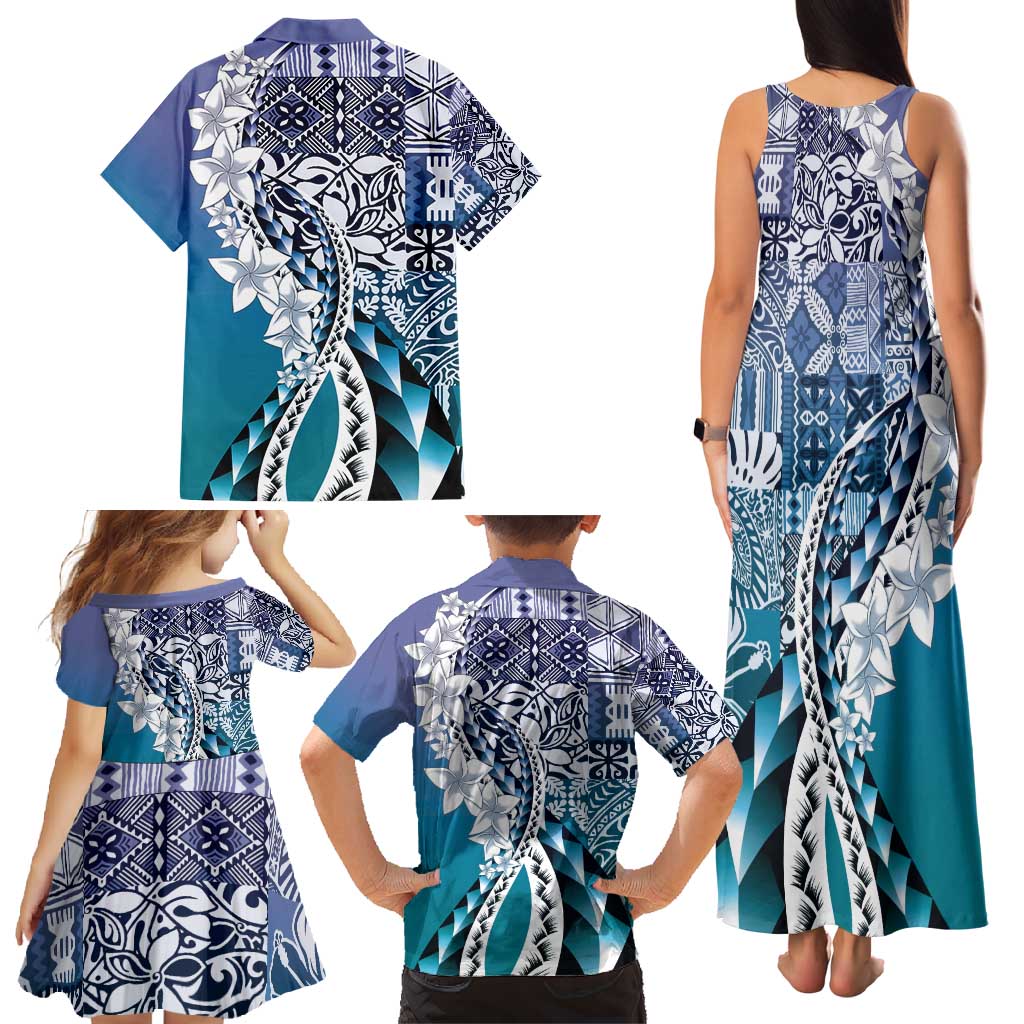 Aloha Vintage Plumeria Hawaiian Tapa Pattern Family Matching Tank Maxi Dress and Hawaiian Shirt Blue Hawaiian Tapa Pattern - Polynesian Pride