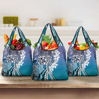 Aloha Vintage Plumeria Hawaiian Tapa Pattern Grocery Bag Blue Hawaiian Tapa Pattern - Polynesian Pride