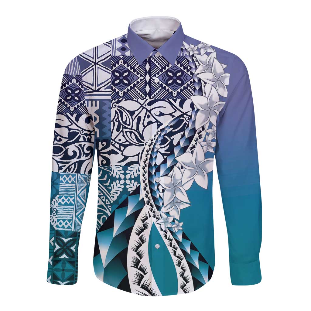 Aloha Vintage Plumeria Hawaiian Tapa Pattern Long Sleeve Button Shirt Blue Hawaiian Tapa Pattern - Polynesian Pride