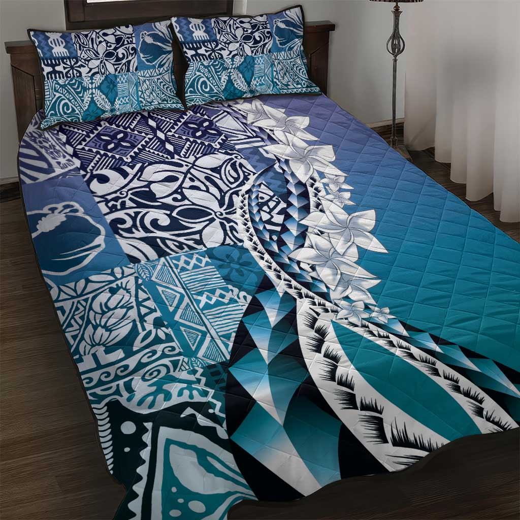 Aloha Vintage Plumeria Hawaiian Tapa Pattern Quilt Bed Set Blue Hawaiian Tapa Pattern - Polynesian Pride