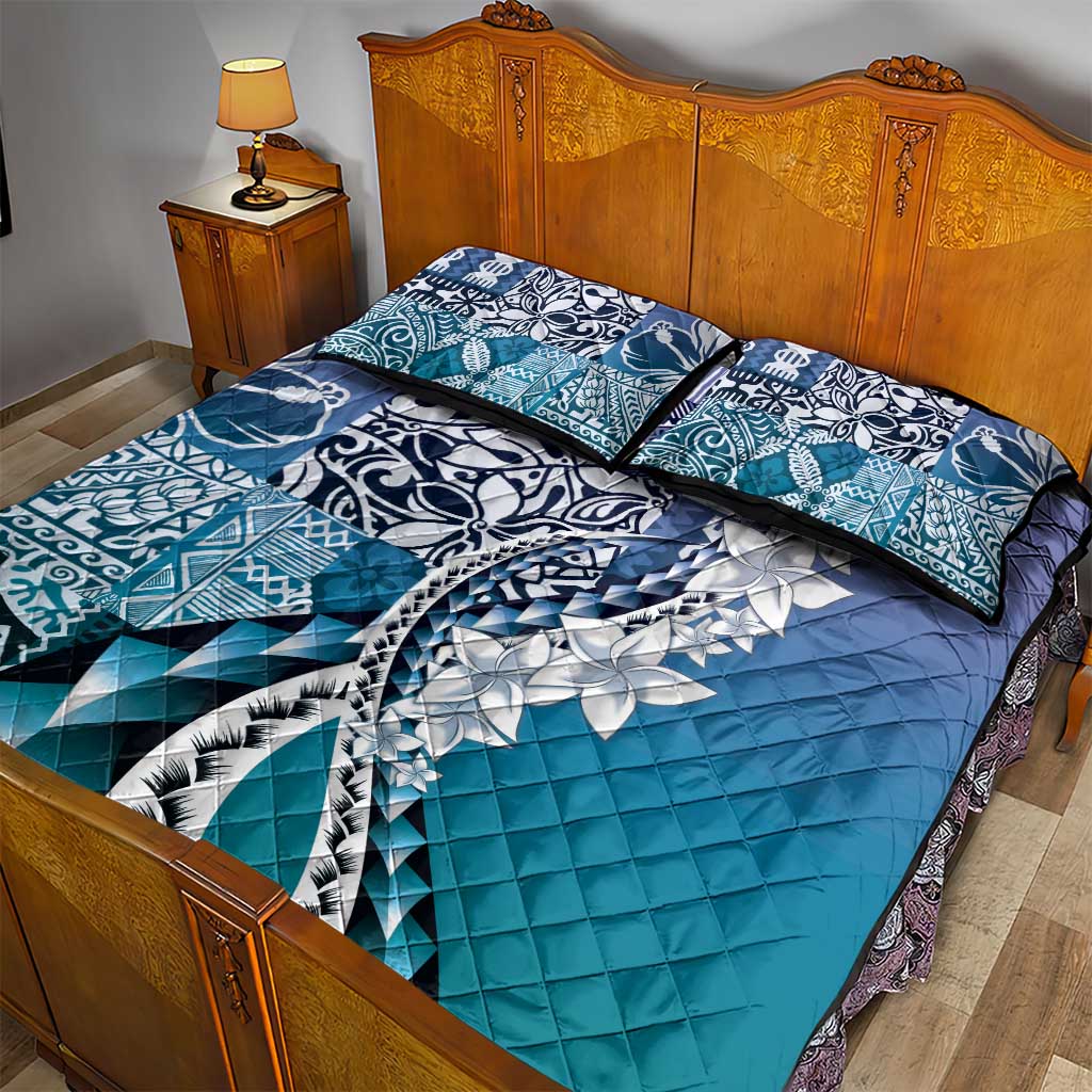 Aloha Vintage Plumeria Hawaiian Tapa Pattern Quilt Bed Set Blue Hawaiian Tapa Pattern - Polynesian Pride