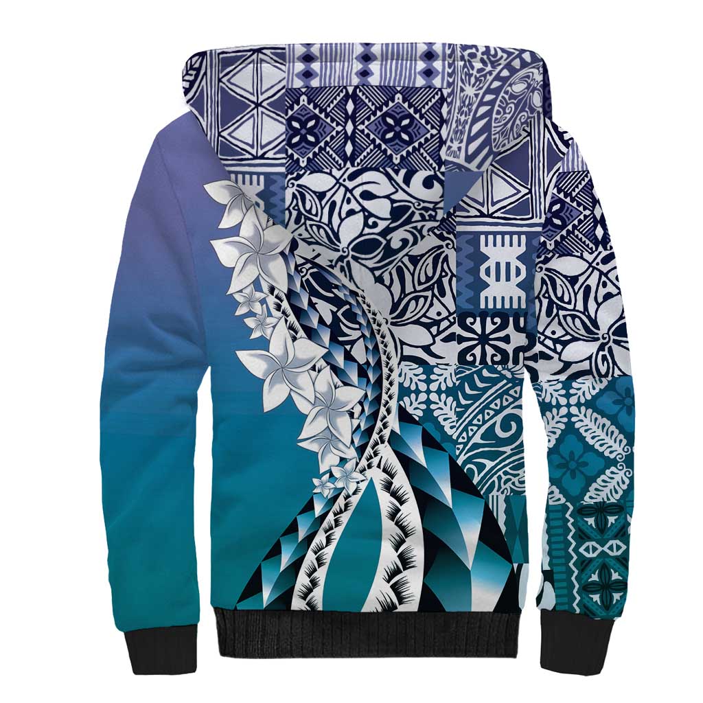 Aloha Vintage Plumeria Hawaiian Tapa Pattern Sherpa Hoodie Blue Hawaiian Tapa Pattern - Polynesian Pride