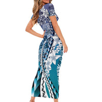 Aloha Vintage Plumeria Hawaiian Tapa Pattern Short Sleeve Bodycon Dress Blue Hawaiian Tapa Pattern - Polynesian Pride