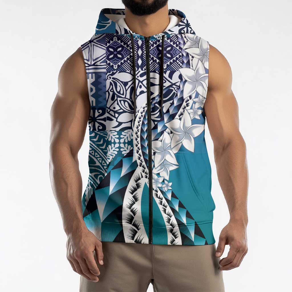 Aloha Vintage Plumeria Hawaiian Tapa Pattern Sleeveless Zip Hoodie Blue Hawaiian Tapa Pattern LT9