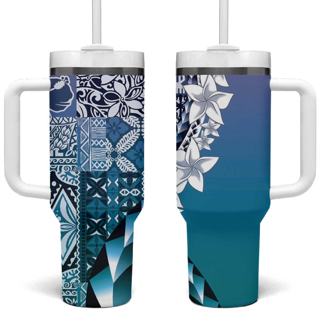 Aloha Vintage Plumeria Hawaiian Tapa Pattern Tumbler With Handle Blue Hawaiian Tapa Pattern - Polynesian Pride