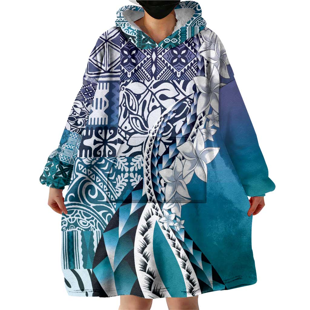 Aloha Vintage Plumeria Hawaiian Tapa Pattern Wearable Blanket Hoodie Blue Hawaiian Tapa Pattern - Polynesian Pride