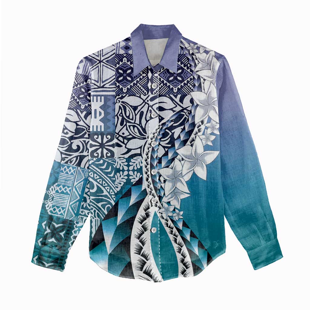 Aloha Vintage Plumeria Hawaiian Tapa Pattern Women Casual Shirt Blue Hawaiian Tapa Pattern - Polynesian Pride