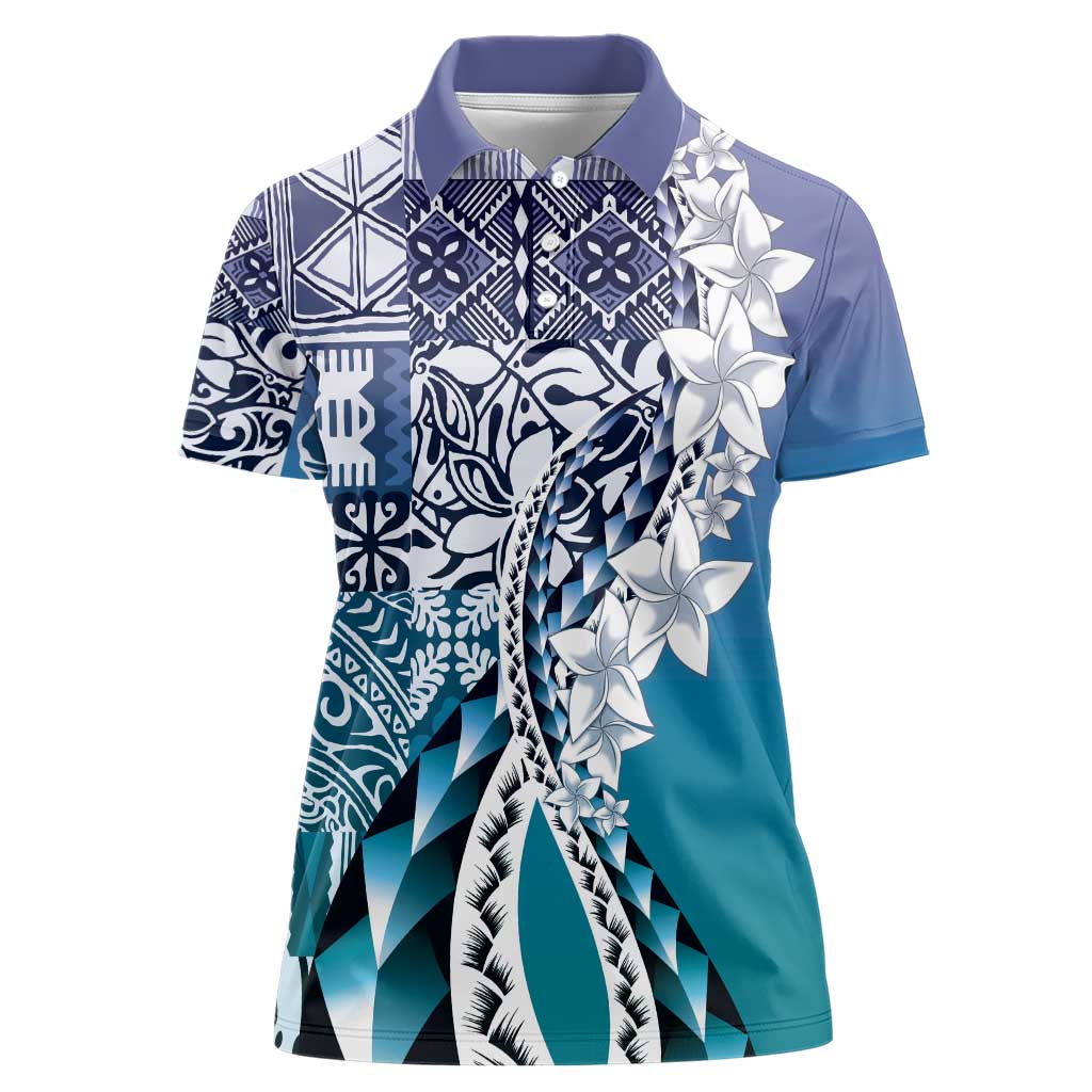 Aloha Vintage Plumeria Hawaiian Tapa Pattern Women Polo Shirt Blue Hawaiian Tapa Pattern - Polynesian Pride