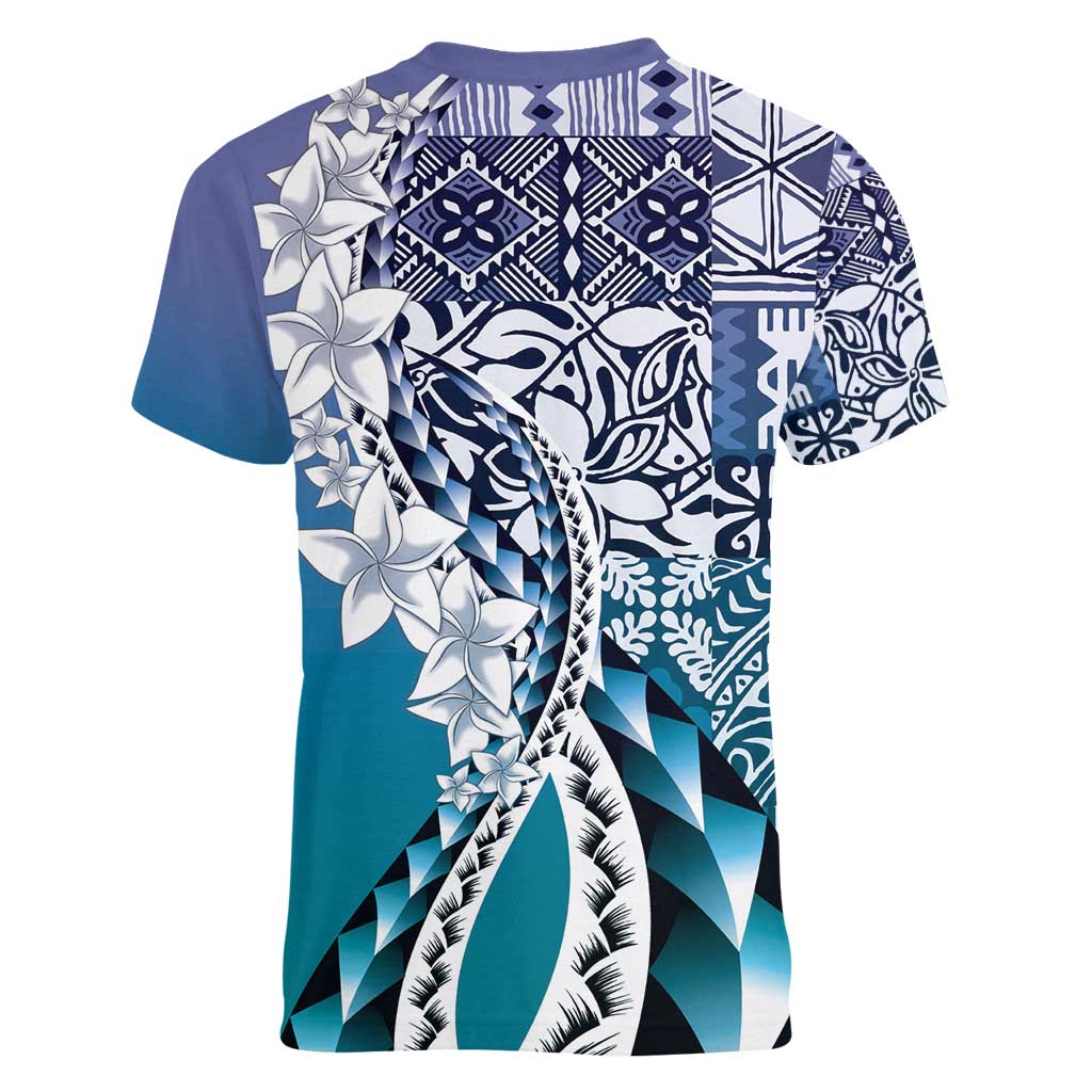 Aloha Vintage Plumeria Hawaiian Tapa Pattern Women V-Neck T-Shirt Blue Hawaiian Tapa Pattern - Polynesian Pride