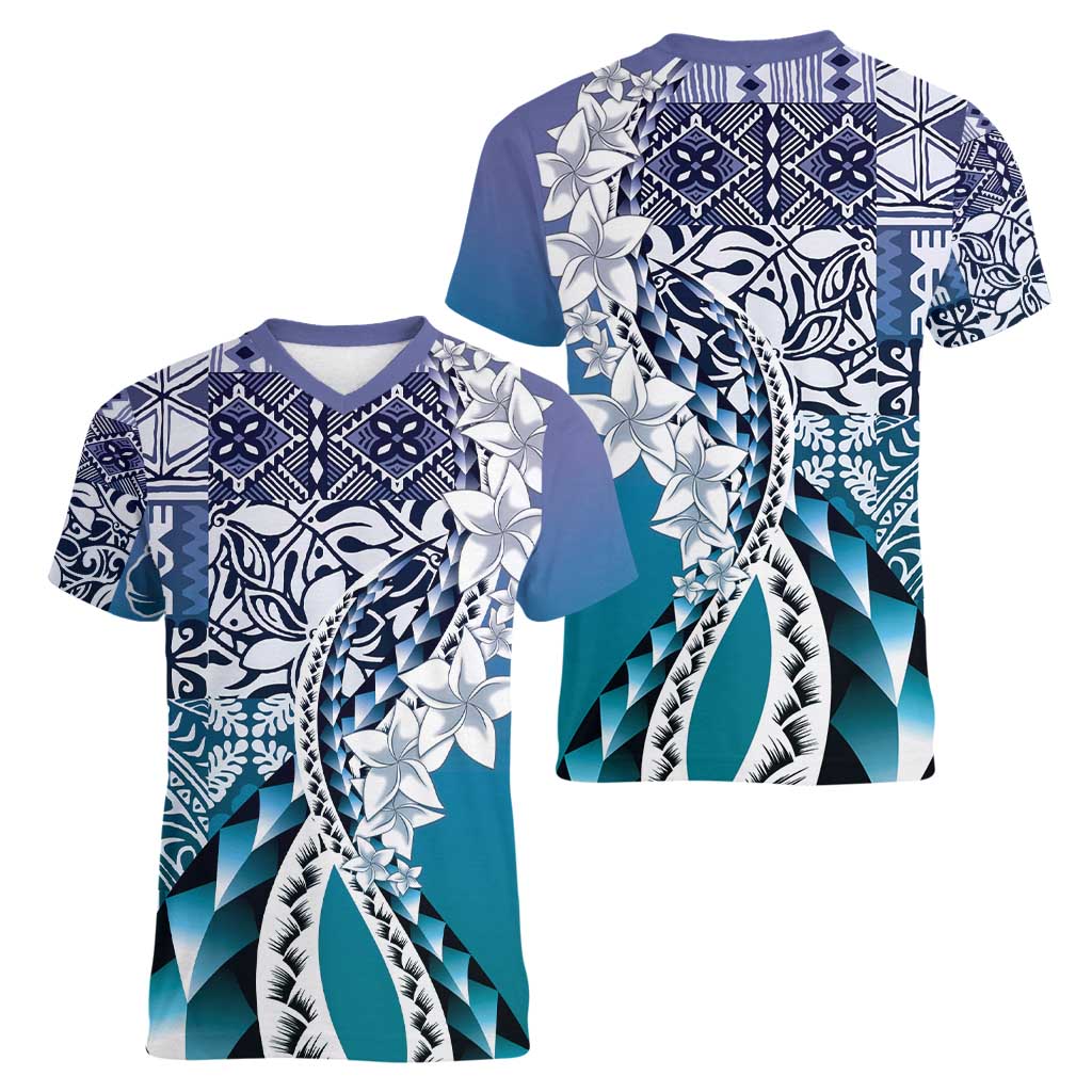 Aloha Vintage Plumeria Hawaiian Tapa Pattern Women V-Neck T-Shirt Blue Hawaiian Tapa Pattern - Polynesian Pride
