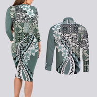 Aloha Vintage Plumeria Hawaiian Tapa Pattern Couples Matching Long Sleeve Bodycon Dress and Long Sleeve Button Shirt Dark Turquoise Hawaiian Tapa Pattern - Polynesian Pride