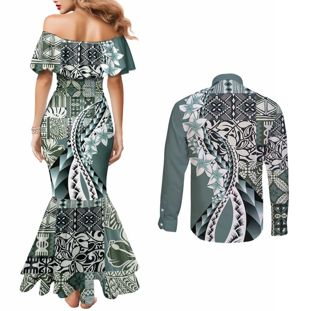 Aloha Vintage Plumeria Hawaiian Tapa Pattern Couples Matching Mermaid Dress and Long Sleeve Button Shirt Dark Turquoise Hawaiian Tapa Pattern - Polynesian Pride