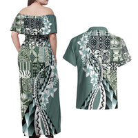 Aloha Vintage Plumeria Hawaiian Tapa Pattern Couples Matching Off Shoulder Maxi Dress and Hawaiian Shirt Dark Turquoise Hawaiian Tapa Pattern - Polynesian Pride