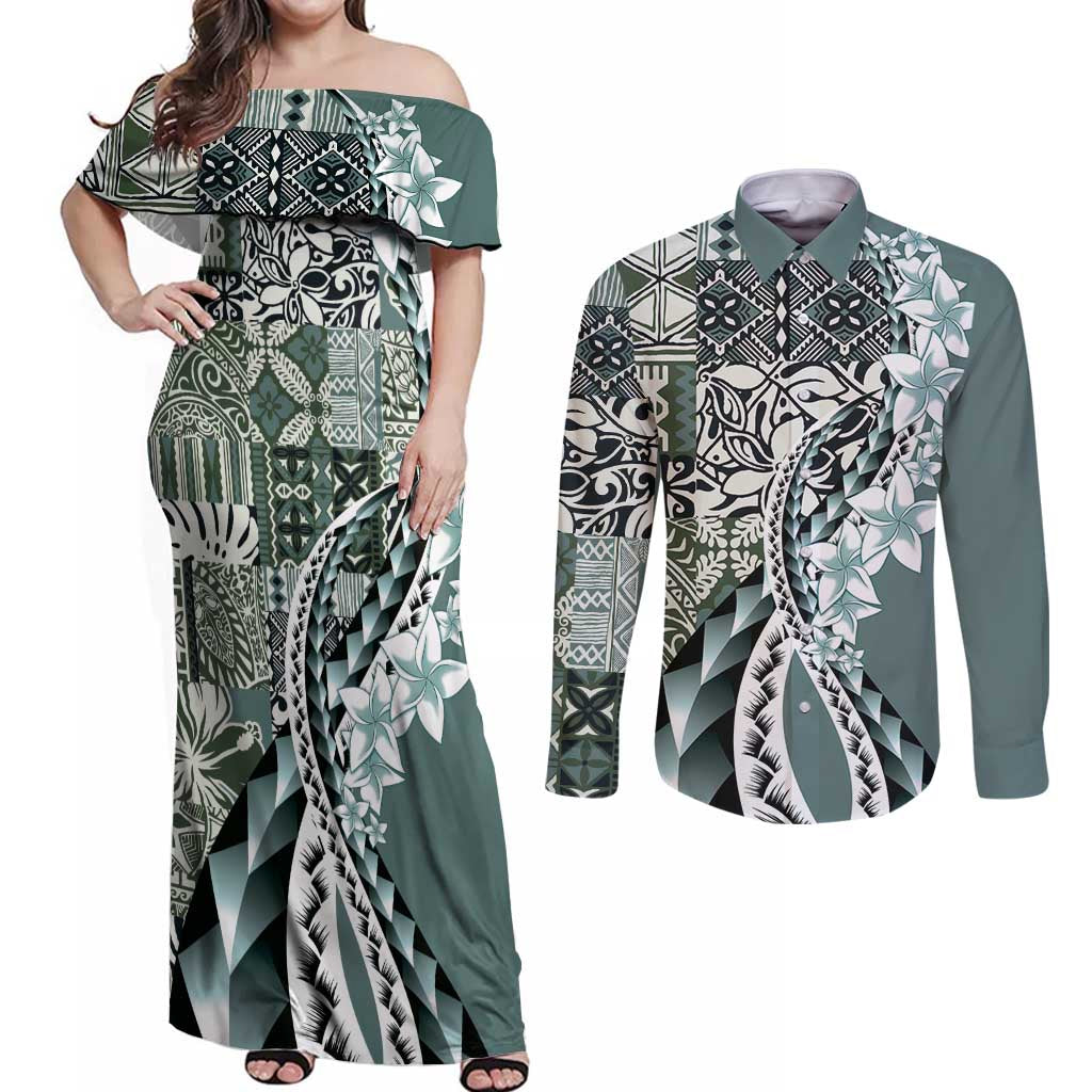 Aloha Vintage Plumeria Hawaiian Tapa Pattern Couples Matching Off Shoulder Maxi Dress and Long Sleeve Button Shirt Dark Turquoise Hawaiian Tapa Pattern - Polynesian Pride