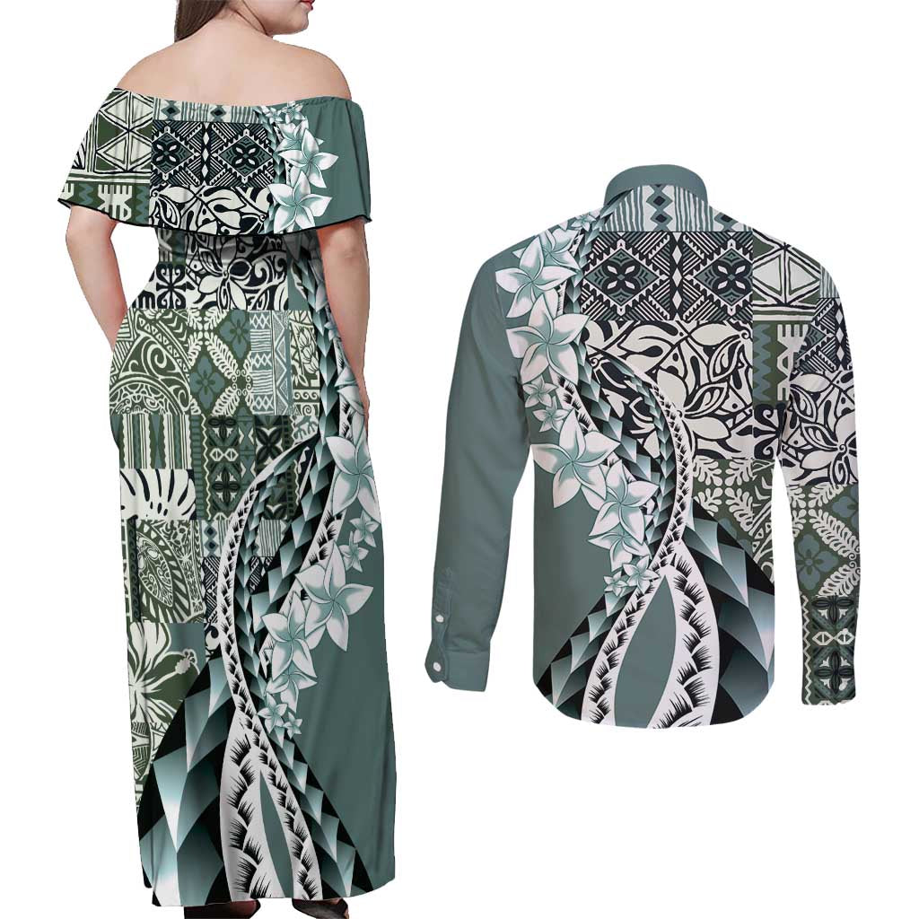 Aloha Vintage Plumeria Hawaiian Tapa Pattern Couples Matching Off Shoulder Maxi Dress and Long Sleeve Button Shirt Dark Turquoise Hawaiian Tapa Pattern - Polynesian Pride