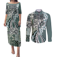 Aloha Vintage Plumeria Hawaiian Tapa Pattern Couples Matching Puletasi and Long Sleeve Button Shirt Dark Turquoise Hawaiian Tapa Pattern - Polynesian Pride