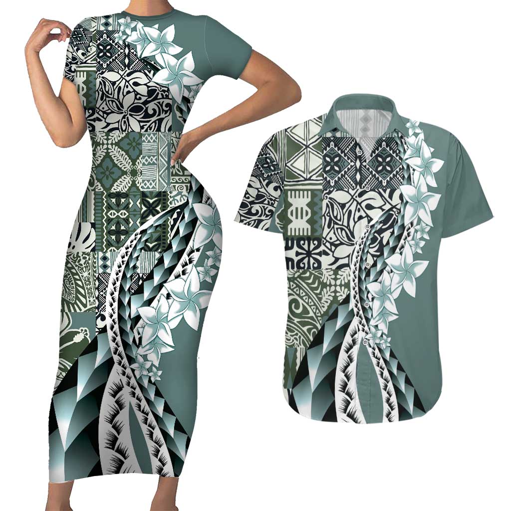 Aloha Vintage Plumeria Hawaiian Tapa Pattern Couples Matching Short Sleeve Bodycon Dress and Hawaiian Shirt Dark Turquoise Hawaiian Tapa Pattern - Polynesian Pride