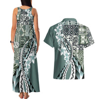 Aloha Vintage Plumeria Hawaiian Tapa Pattern Couples Matching Tank Maxi Dress and Hawaiian Shirt Dark Turquoise Hawaiian Tapa Pattern - Polynesian Pride