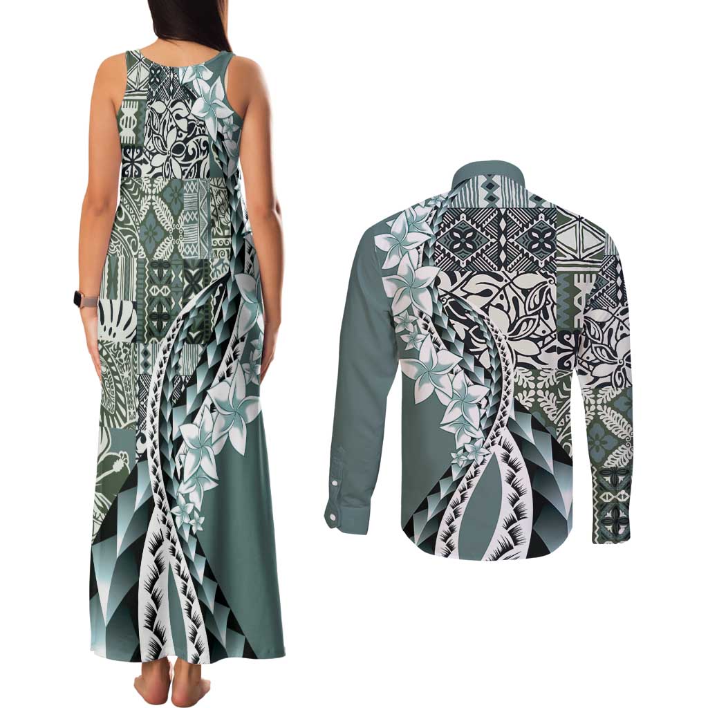 Aloha Vintage Plumeria Hawaiian Tapa Pattern Couples Matching Tank Maxi Dress and Long Sleeve Button Shirt Dark Turquoise Hawaiian Tapa Pattern - Polynesian Pride