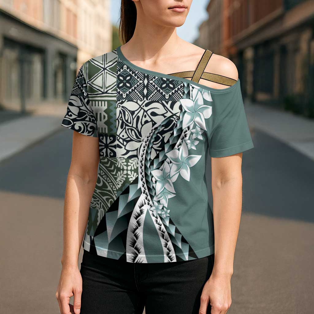 Aloha Vintage Plumeria Hawaiian Tapa Pattern Cross Shoulder Shirt Dark Turquoise Hawaiian Tapa Pattern - Polynesian Pride