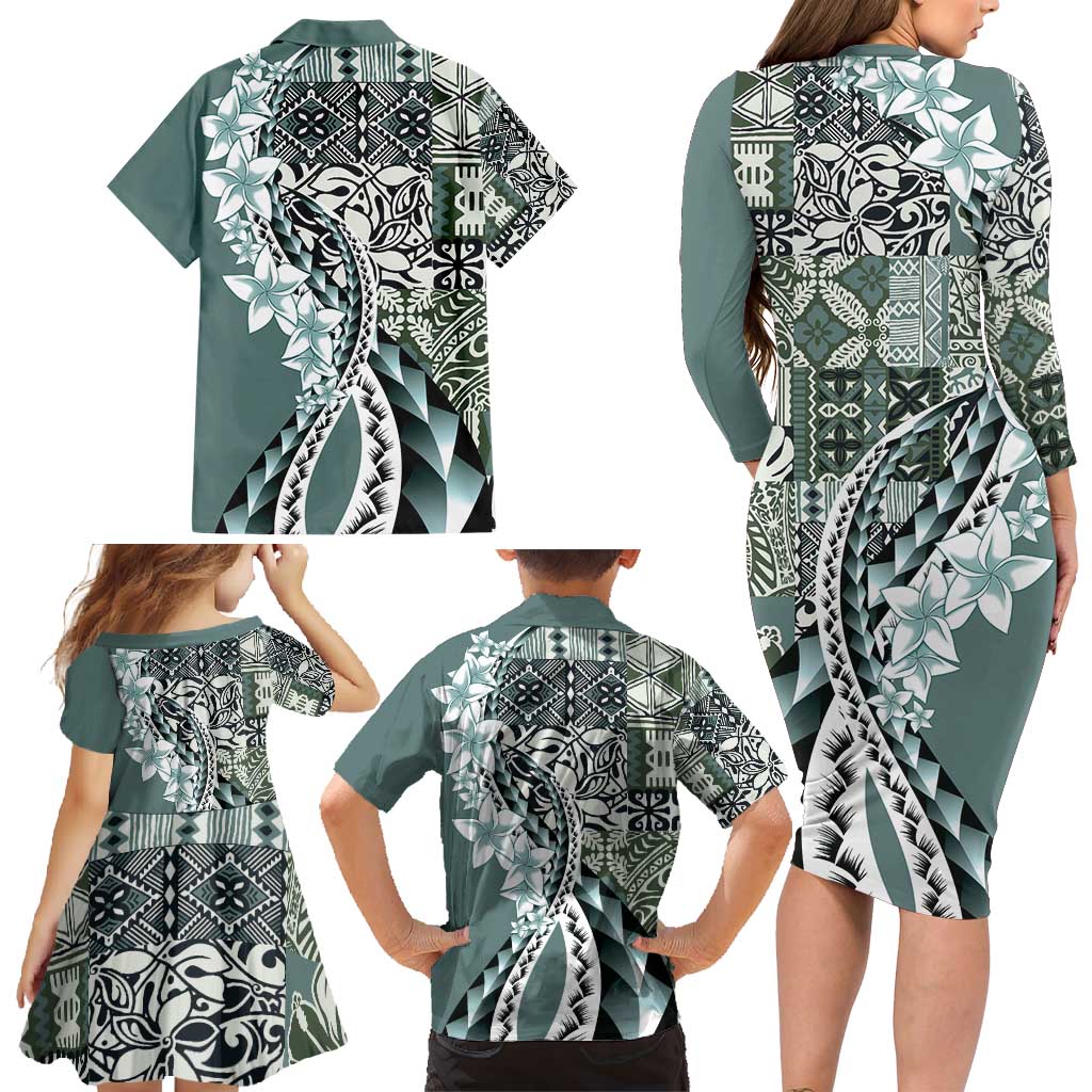 Aloha Vintage Plumeria Hawaiian Tapa Pattern Family Matching Long Sleeve Bodycon Dress and Hawaiian Shirt Dark Turquoise Hawaiian Tapa Pattern - Polynesian Pride