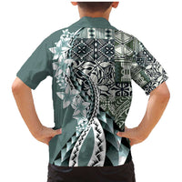 Aloha Vintage Plumeria Hawaiian Tapa Pattern Family Matching Mermaid Dress and Hawaiian Shirt Dark Turquoise Hawaiian Tapa Pattern - Polynesian Pride