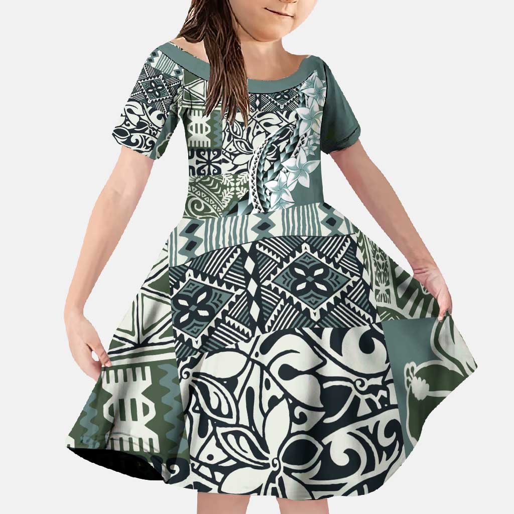 Aloha Vintage Plumeria Hawaiian Tapa Pattern Family Matching Mermaid Dress and Hawaiian Shirt Dark Turquoise Hawaiian Tapa Pattern - Polynesian Pride