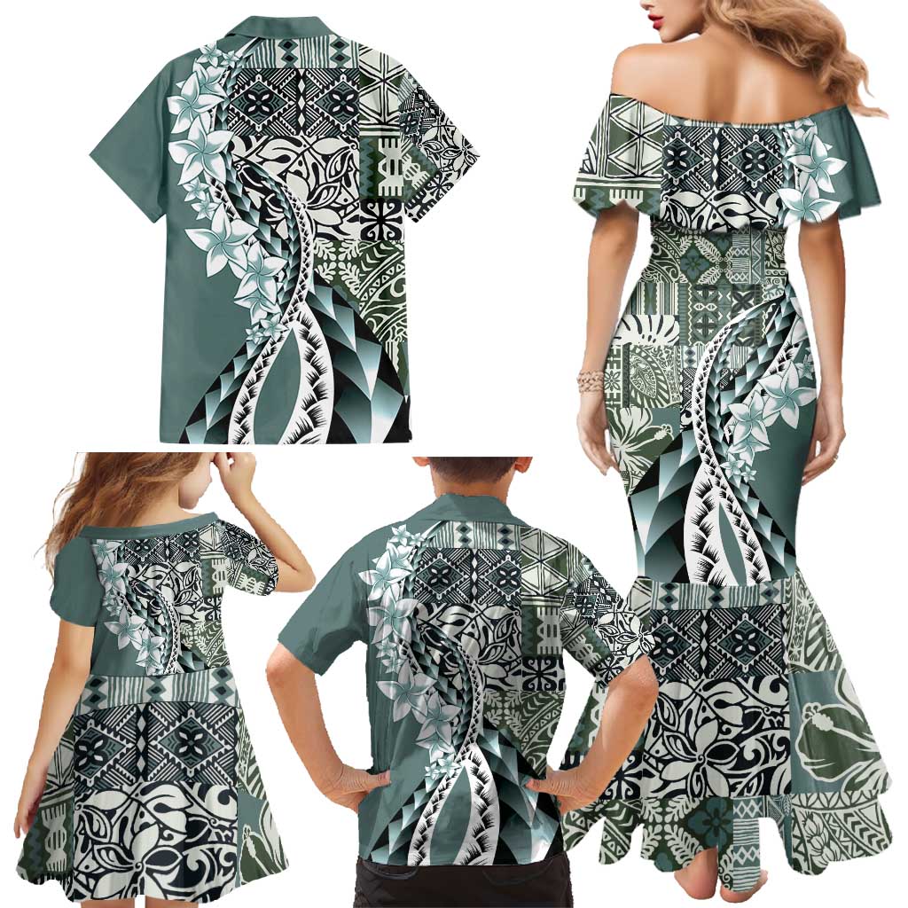 Aloha Vintage Plumeria Hawaiian Tapa Pattern Family Matching Mermaid Dress and Hawaiian Shirt Dark Turquoise Hawaiian Tapa Pattern - Polynesian Pride