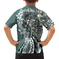 Aloha Vintage Plumeria Hawaiian Tapa Pattern Family Matching Off The Shoulder Long Sleeve Dress and Hawaiian Shirt Dark Turquoise Hawaiian Tapa Pattern - Polynesian Pride