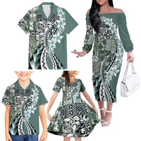 Aloha Vintage Plumeria Hawaiian Tapa Pattern Family Matching Off The Shoulder Long Sleeve Dress and Hawaiian Shirt Dark Turquoise Hawaiian Tapa Pattern - Polynesian Pride