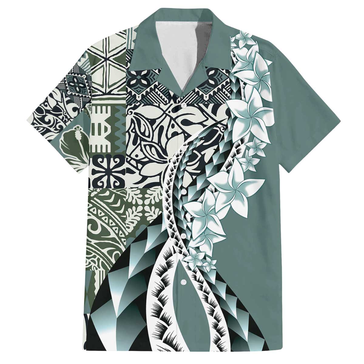 Aloha Vintage Plumeria Hawaiian Tapa Pattern Family Matching Off The Shoulder Long Sleeve Dress and Hawaiian Shirt Dark Turquoise Hawaiian Tapa Pattern - Polynesian Pride