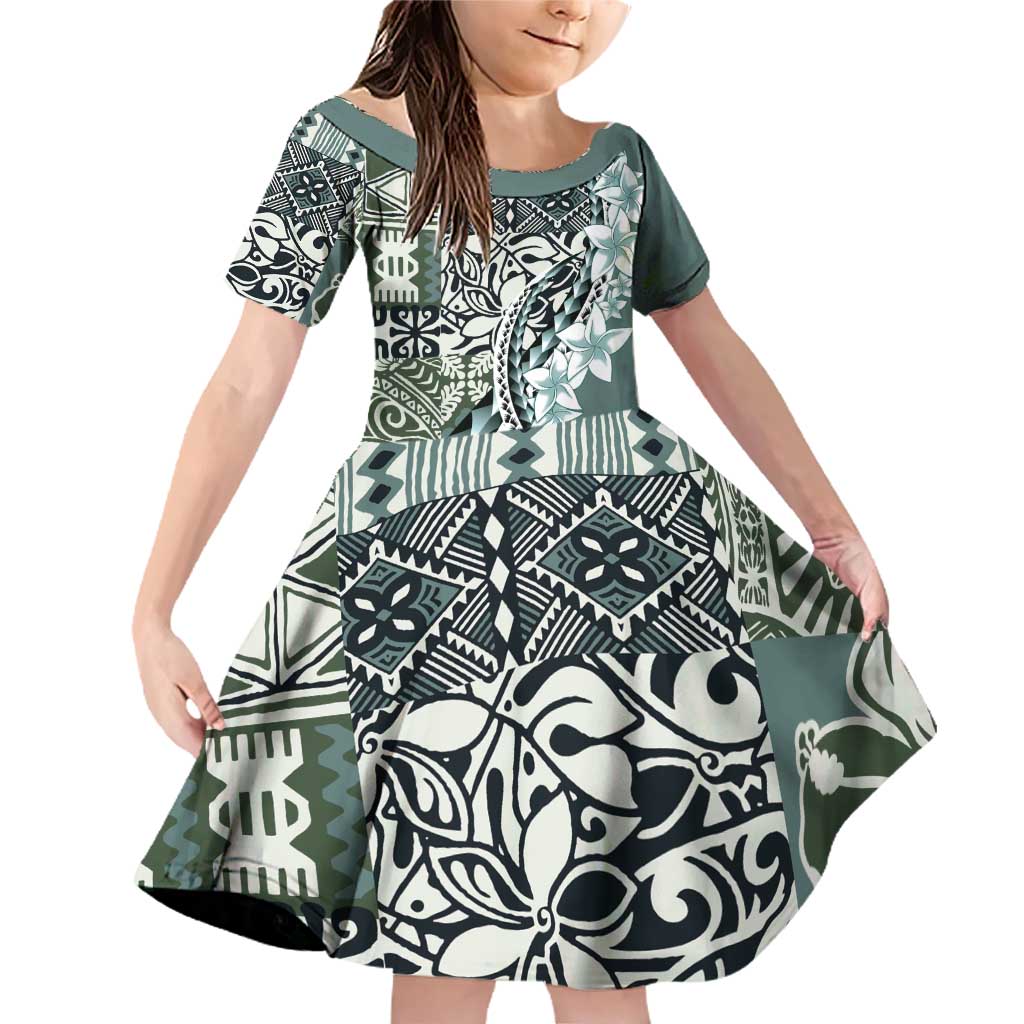 Aloha Vintage Plumeria Hawaiian Tapa Pattern Family Matching Off Shoulder Short Dress and Hawaiian Shirt Dark Turquoise Hawaiian Tapa Pattern - Polynesian Pride
