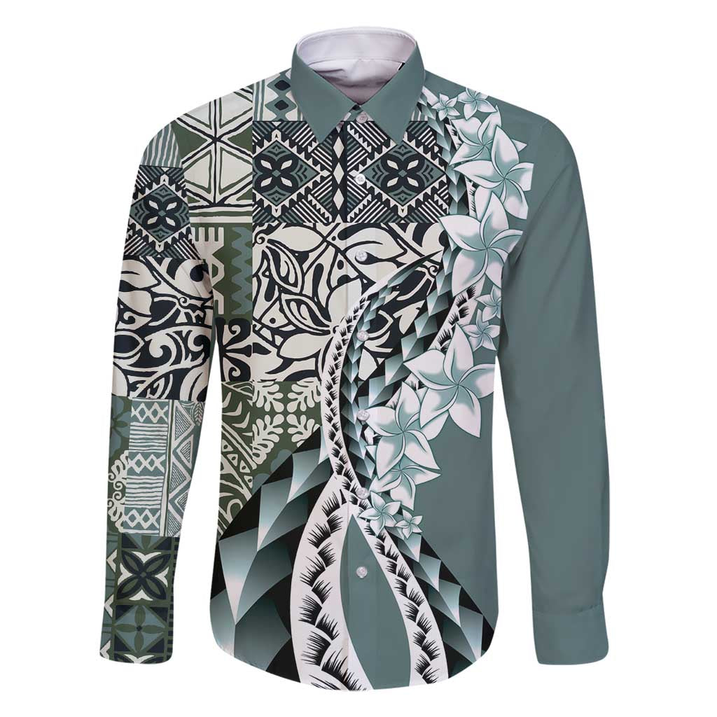 Aloha Vintage Plumeria Hawaiian Tapa Pattern Family Matching Off Shoulder Short Dress and Hawaiian Shirt Dark Turquoise Hawaiian Tapa Pattern - Polynesian Pride