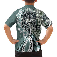 Aloha Vintage Plumeria Hawaiian Tapa Pattern Family Matching Puletasi and Hawaiian Shirt Dark Turquoise Hawaiian Tapa Pattern - Polynesian Pride
