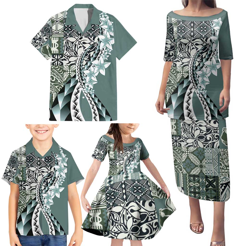 Aloha Vintage Plumeria Hawaiian Tapa Pattern Family Matching Puletasi and Hawaiian Shirt Dark Turquoise Hawaiian Tapa Pattern - Polynesian Pride