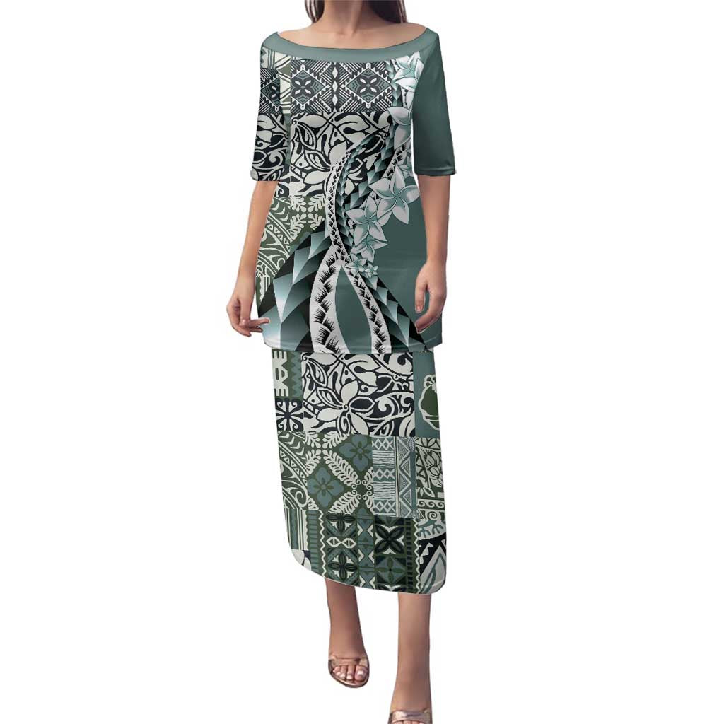 Aloha Vintage Plumeria Hawaiian Tapa Pattern Family Matching Puletasi and Hawaiian Shirt Dark Turquoise Hawaiian Tapa Pattern - Polynesian Pride