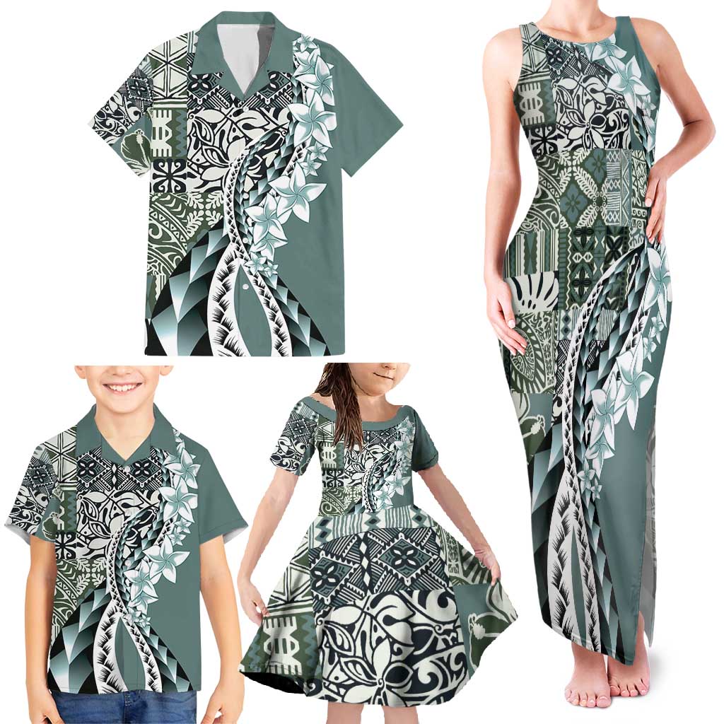 Aloha Vintage Plumeria Hawaiian Tapa Pattern Family Matching Tank Maxi Dress and Hawaiian Shirt Dark Turquoise Hawaiian Tapa Pattern - Polynesian Pride