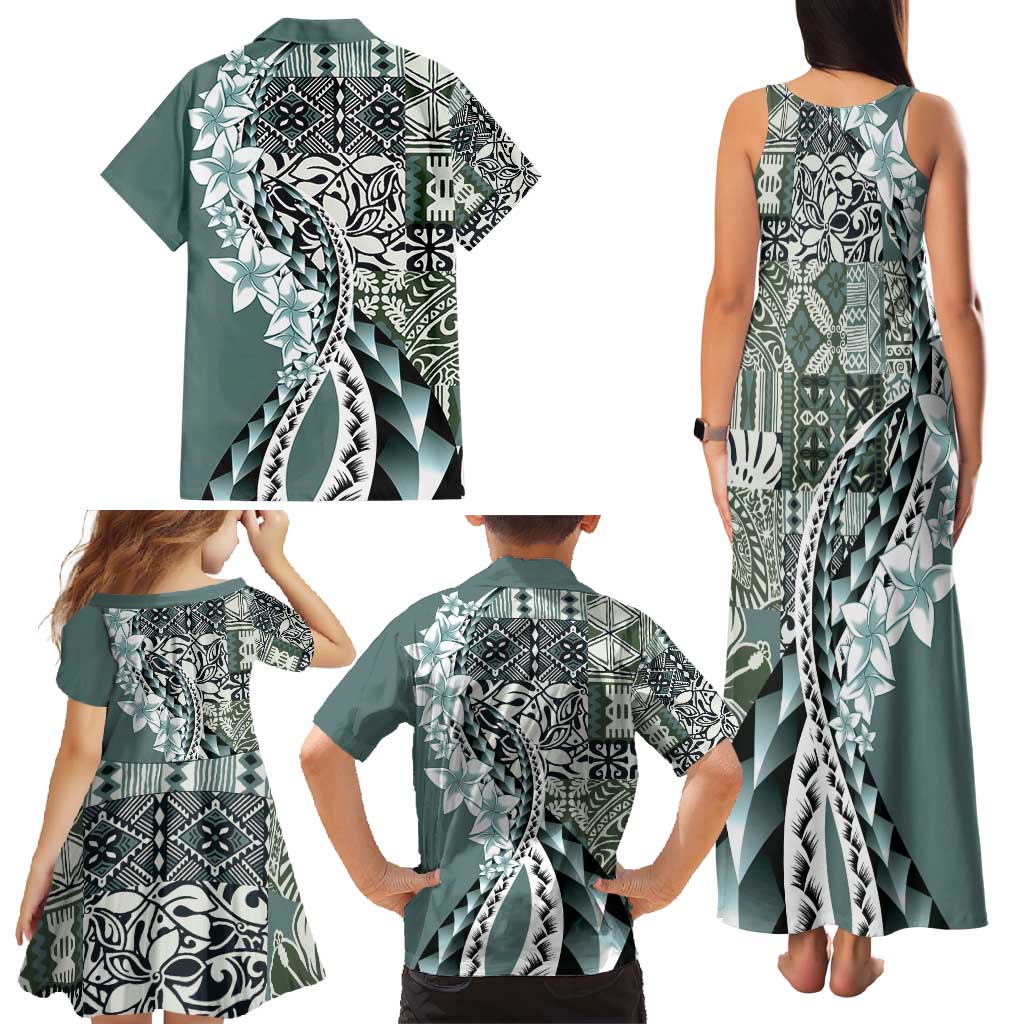 Aloha Vintage Plumeria Hawaiian Tapa Pattern Family Matching Tank Maxi Dress and Hawaiian Shirt Dark Turquoise Hawaiian Tapa Pattern - Polynesian Pride