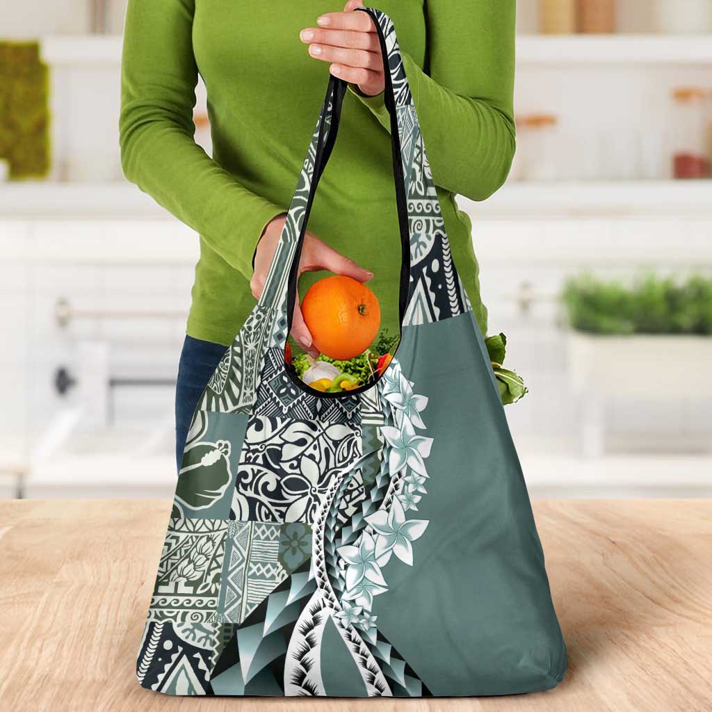 Aloha Vintage Plumeria Hawaiian Tapa Pattern Grocery Bag Dark Turquoise Hawaiian Tapa Pattern - Polynesian Pride