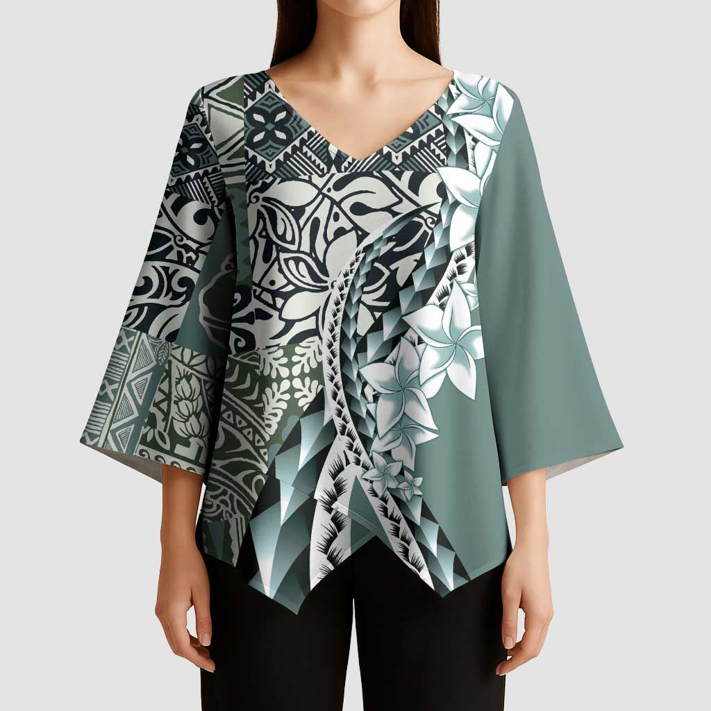 Aloha Vintage Plumeria Hawaiian Tapa Pattern Kimono Sleeve Blouse Dark Turquoise Hawaiian Tapa Pattern - Polynesian Pride