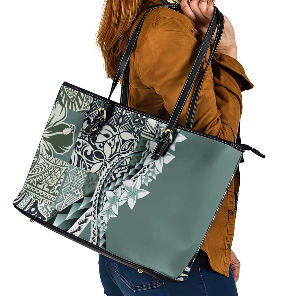 Aloha Vintage Plumeria Hawaiian Tapa Pattern Leather Tote Bag Dark Turquoise Hawaiian Tapa Pattern - Polynesian Pride