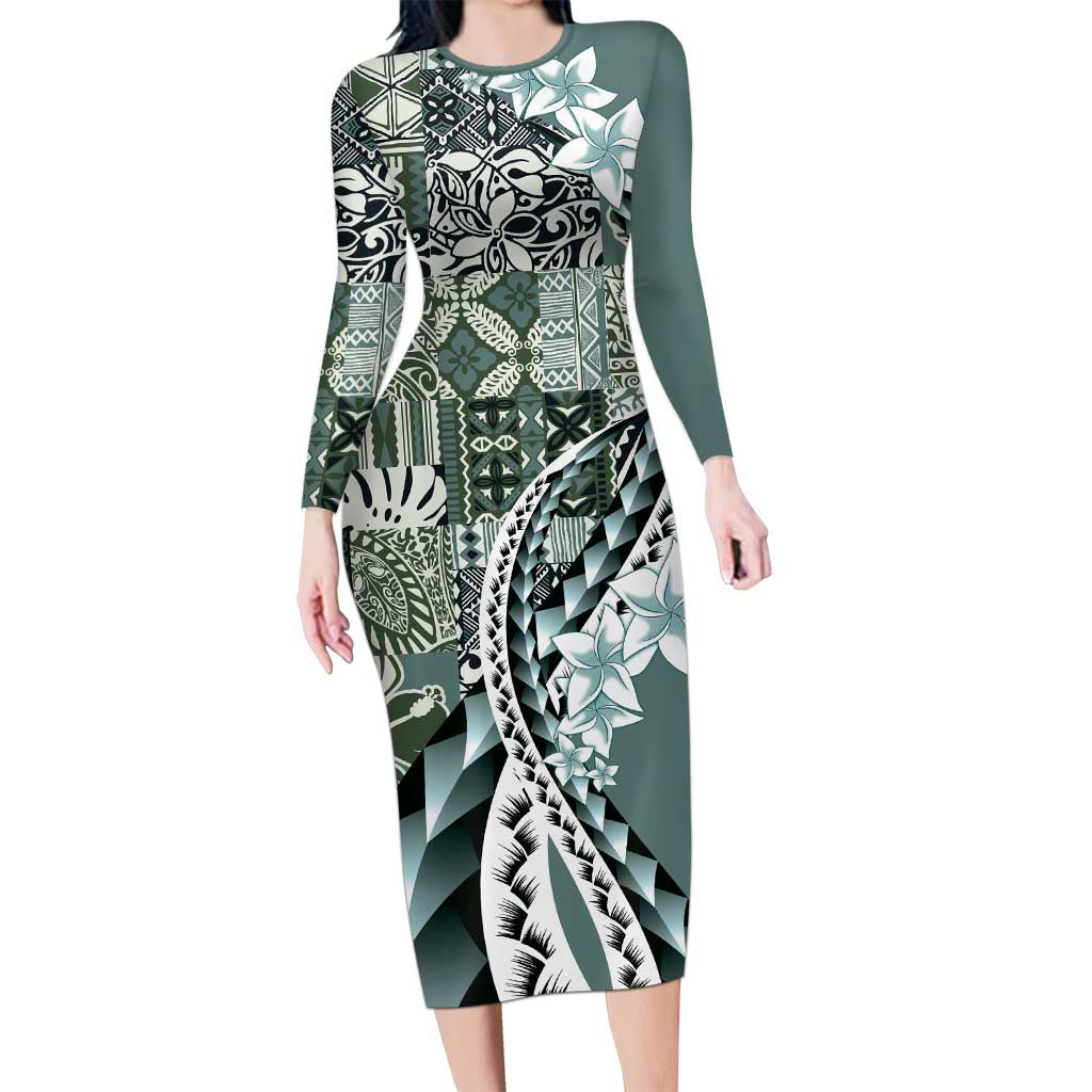 Aloha Vintage Plumeria Hawaiian Tapa Pattern Long Sleeve Bodycon Dress Dark Turquoise Hawaiian Tapa Pattern - Polynesian Pride