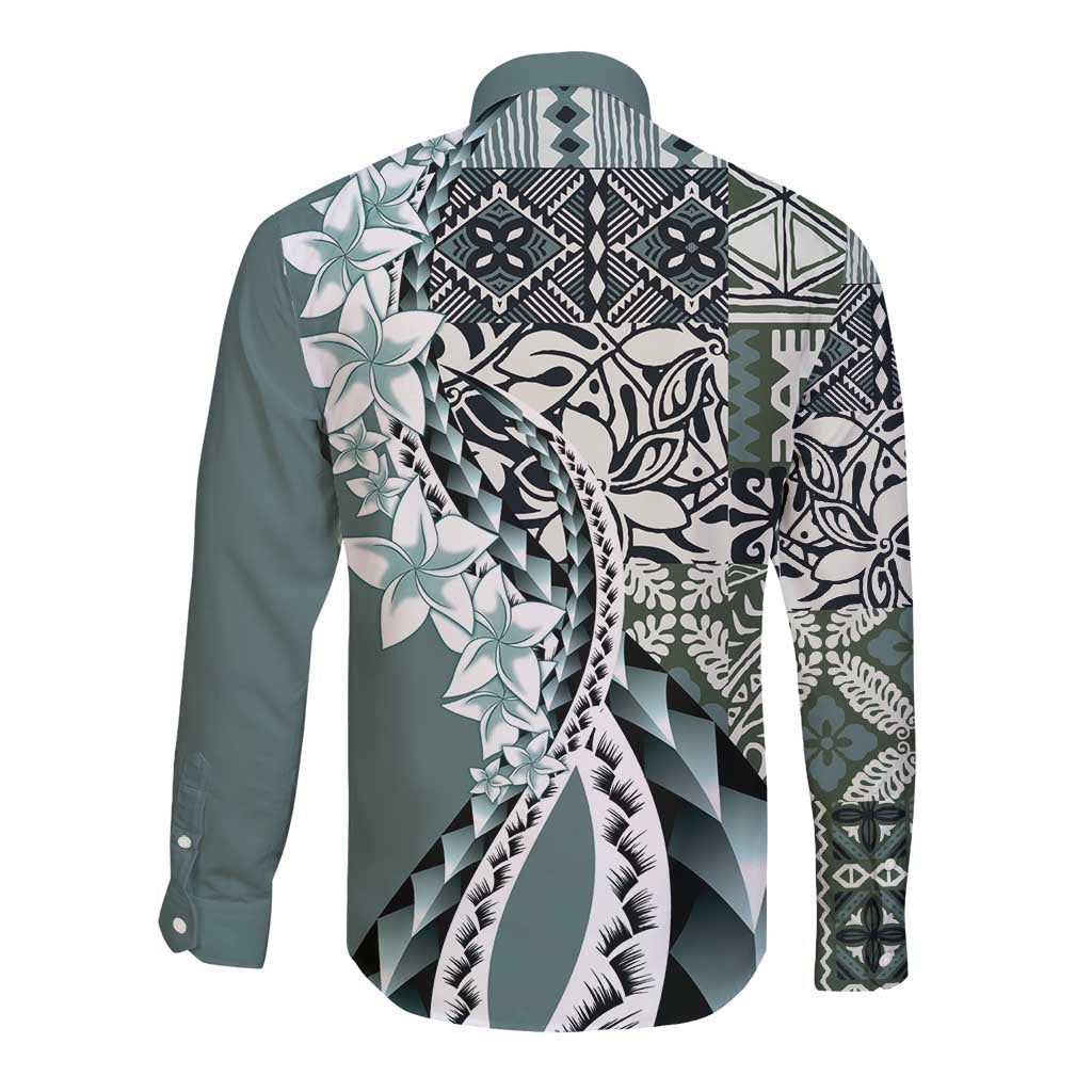 Aloha Vintage Plumeria Hawaiian Tapa Pattern Long Sleeve Button Shirt Dark Turquoise Hawaiian Tapa Pattern - Polynesian Pride