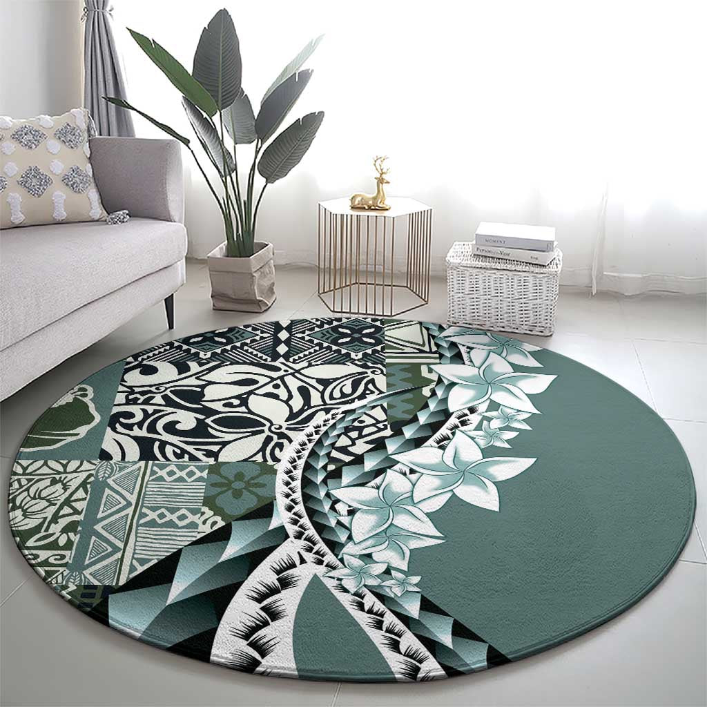 Aloha Vintage Plumeria Hawaiian Tapa Pattern Round Carpet Dark Turquoise Hawaiian Tapa Pattern - Polynesian Pride