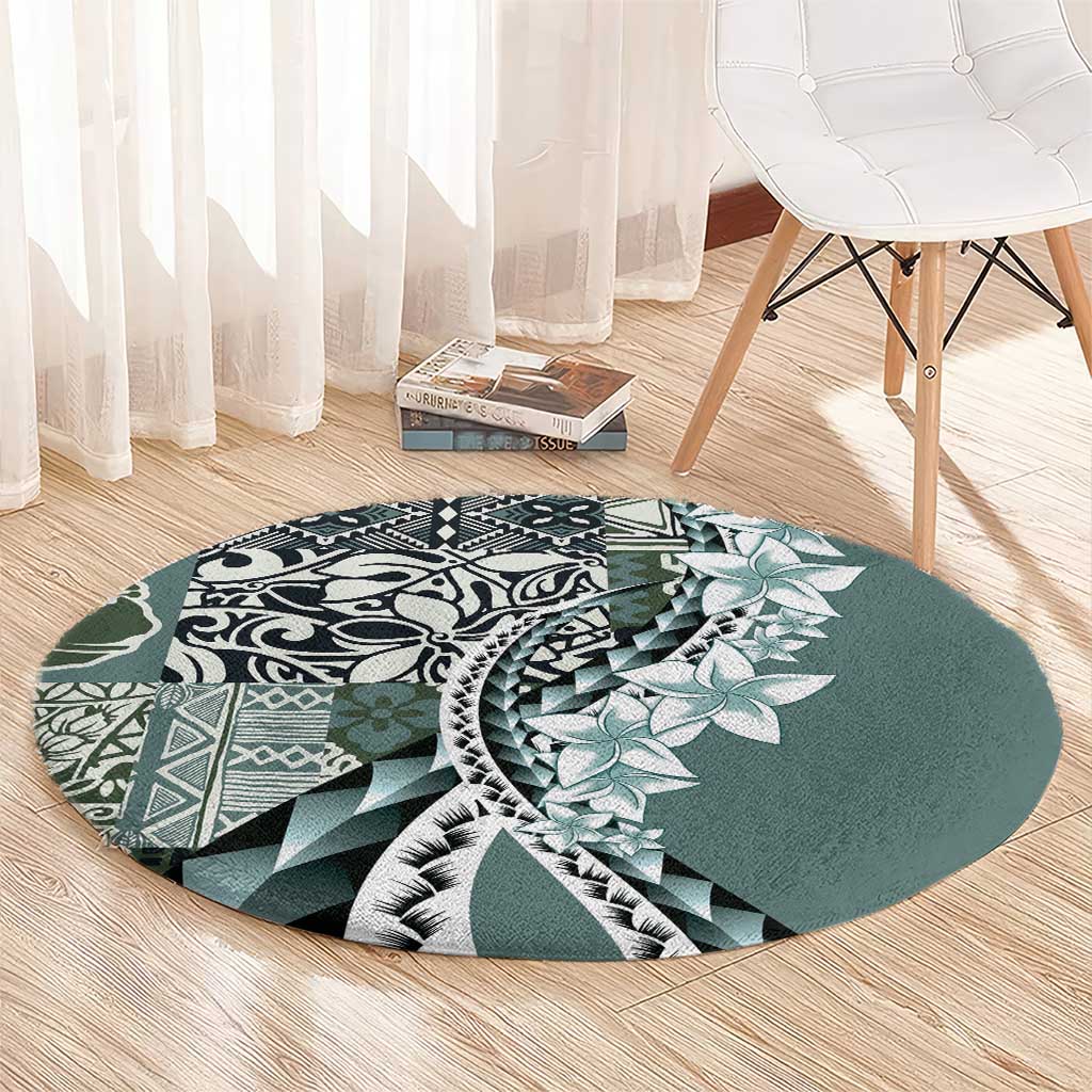 Aloha Vintage Plumeria Hawaiian Tapa Pattern Round Carpet Dark Turquoise Hawaiian Tapa Pattern - Polynesian Pride